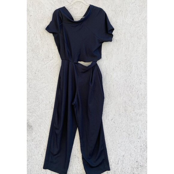 Rachel Comey Tie Shoulder Cut Out Waist Straight Leg Crepe Jumpsuit Sz 8 Navy - Picture 2 of 14